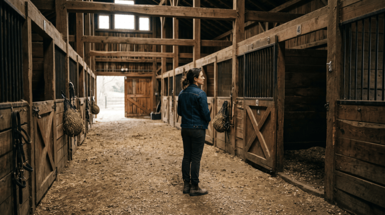 A woman standing alone in a barn aisle looking toward an empty stall
