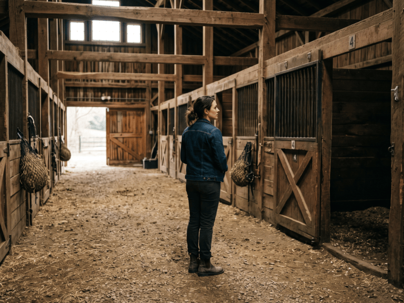 A woman standing alone in a barn aisle looking toward an empty stall