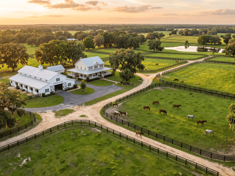 Aerial view of a Marion County, Florida horse property with a white barn, farmhouse, black board fenced pastures, and live oaks draped in Spanish moss at sunset