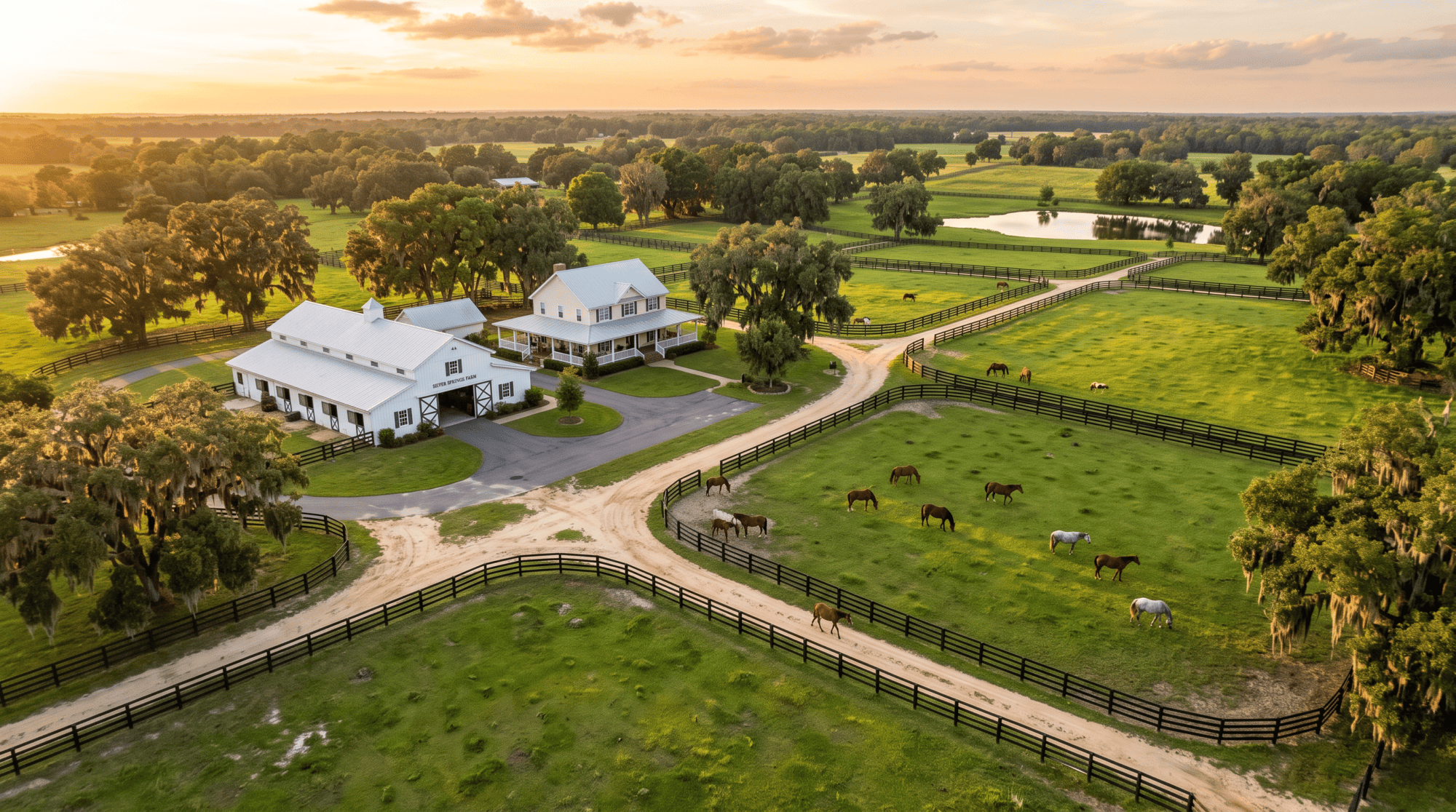 Aerial view of a Marion County, Florida horse property with a white barn, farmhouse, black board fenced pastures, and live oaks draped in Spanish moss at sunset