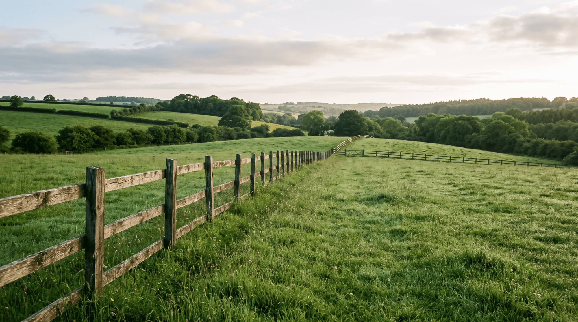 An empty green pasture with morning light and a wooden fence line