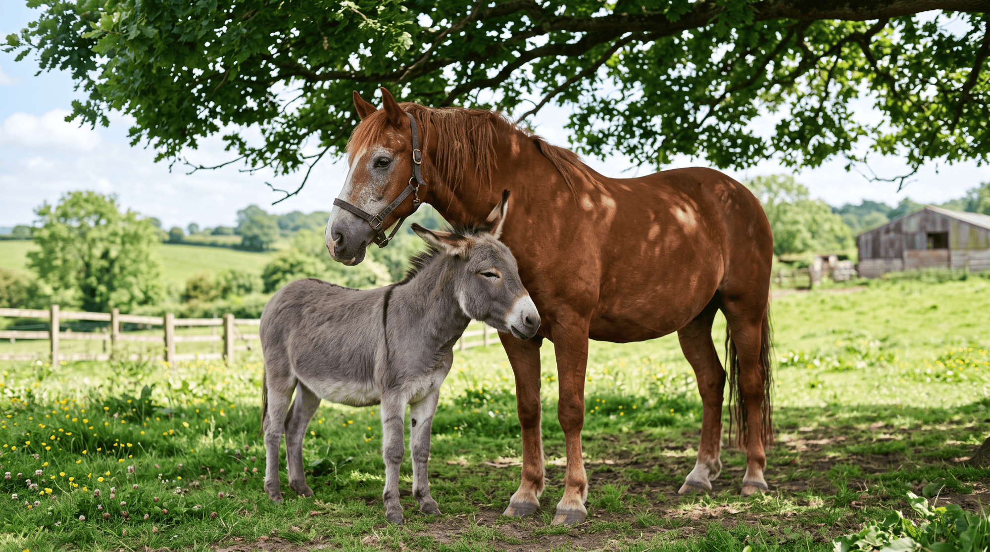 Older chestnut horse and a small grey donkey standing together under a shade tree in a pasture