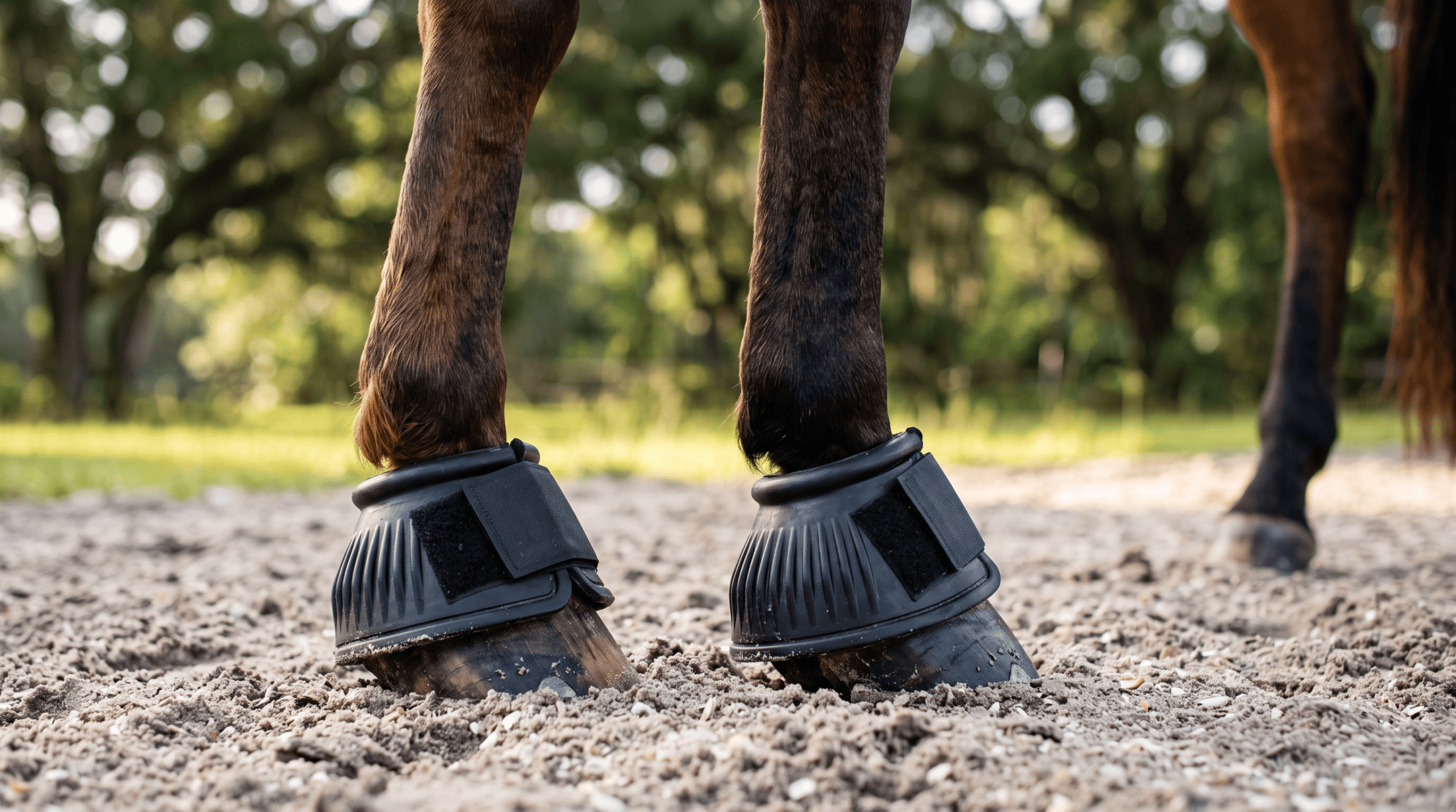 Close-up of a bay horse's front hooves wearing black rubber bell boots with Velcro straps on a sandy arena