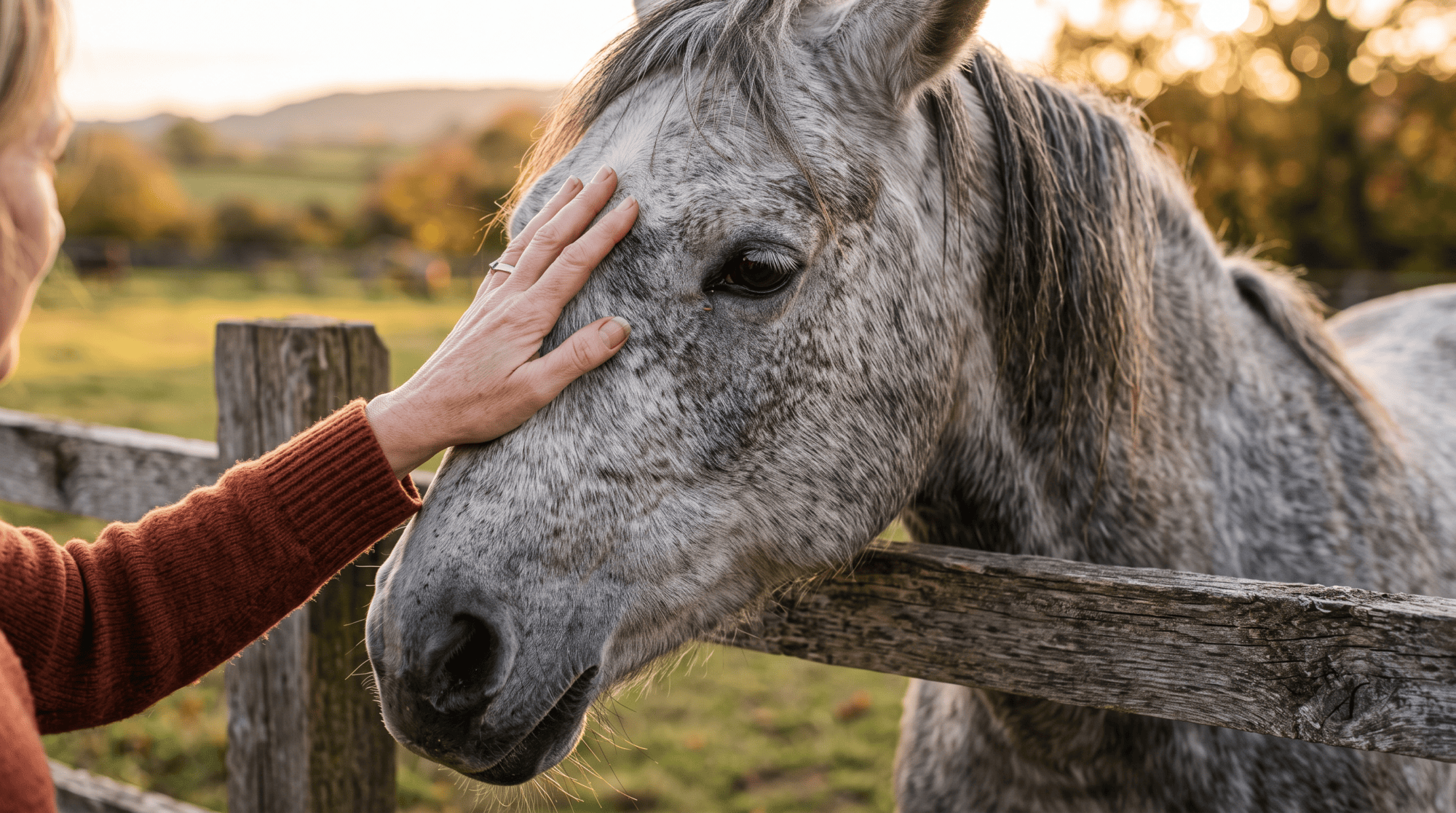 Woman's hand gently stroking the face of an older grey horse leaning over a wooden fence