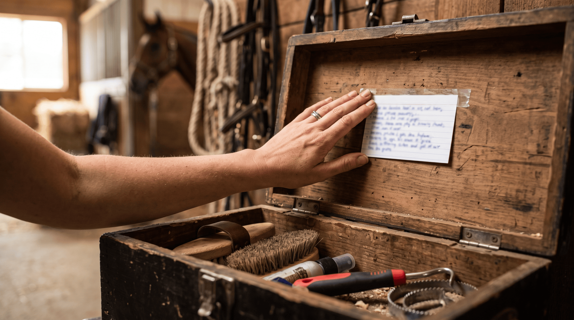 Hand taping an index card with an emergency phone number inside the lid of a wooden tack trunk full of grooming brushes