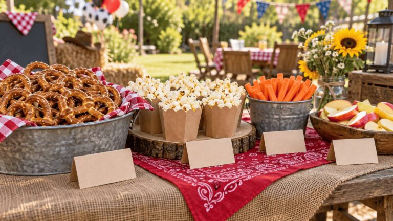 Rustic horse birthday party food table with pretzels, popcorn cups, carrots, apple slices and blank tent cards on a burlap cloth