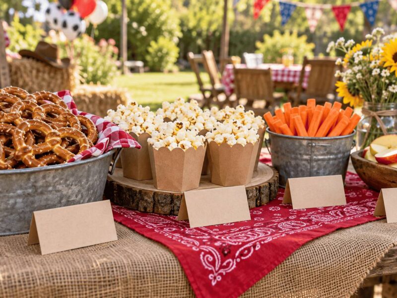 Rustic horse birthday party food table with pretzels, popcorn cups, carrots, apple slices and blank tent cards on a burlap cloth