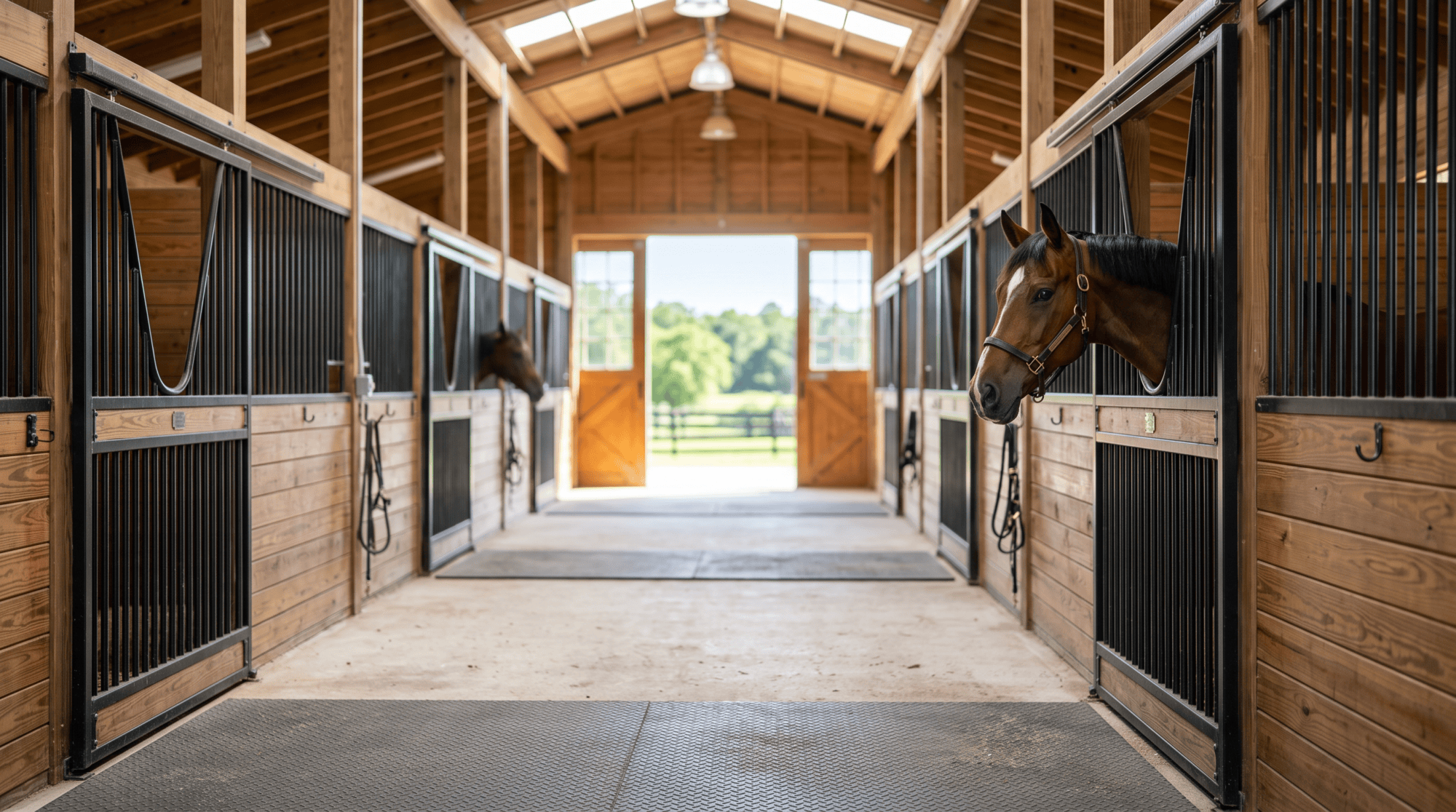 Clean horse barn aisle with rubber mats and wood stall fronts, a bay horse looking out of its stall, a feature that affects horse property prices
