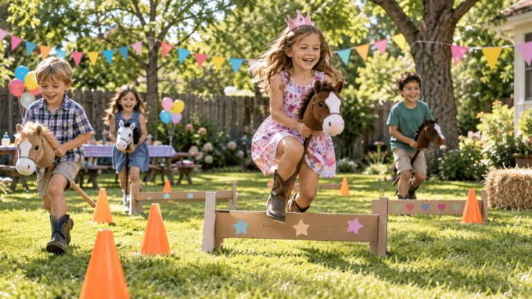 Kids riding stick horses through a backyard obstacle course of cones and low jumps at a horse birthday party