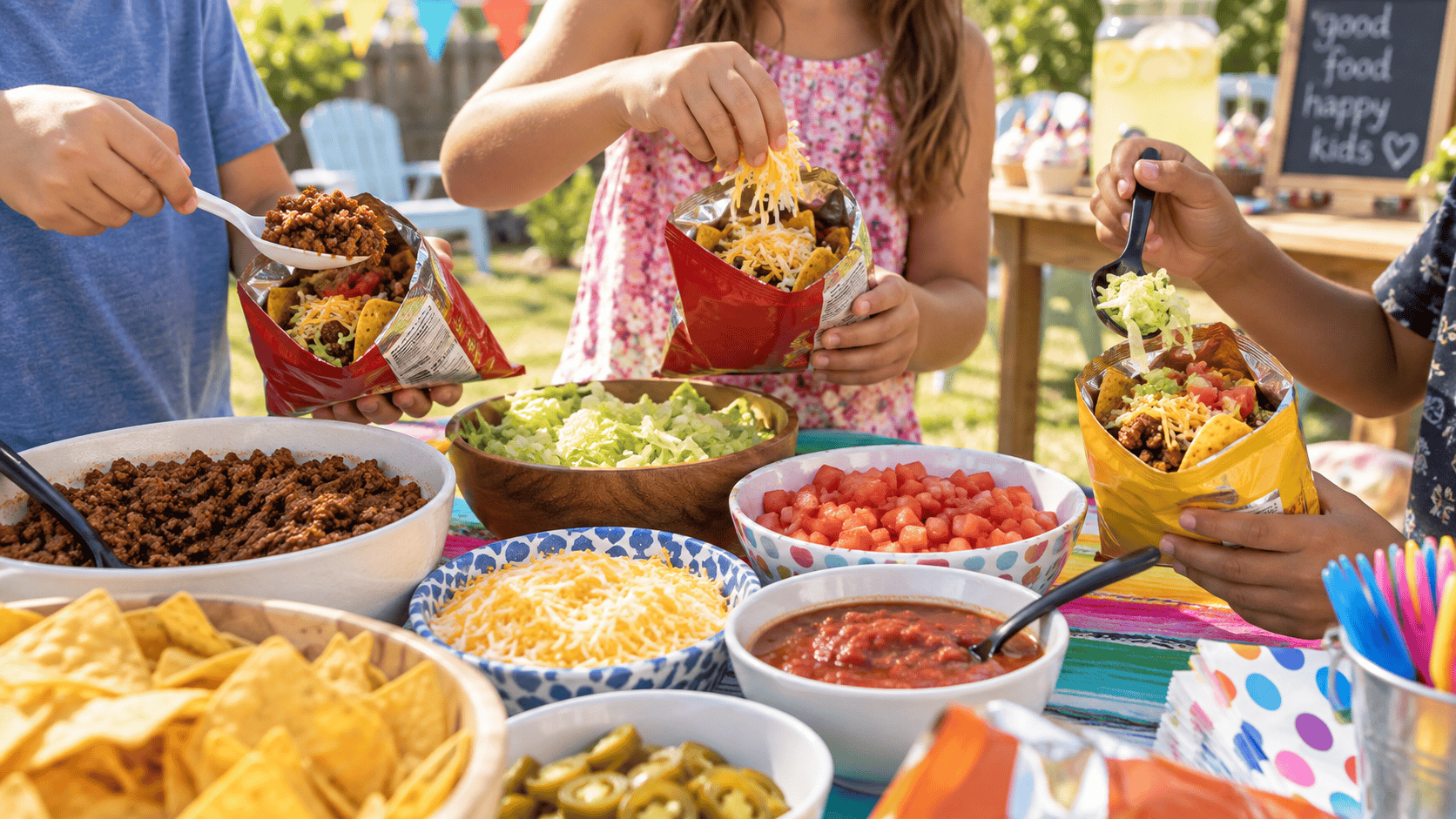 Kids assembling walking tacos from individual chip bags at an outdoor birthday party table