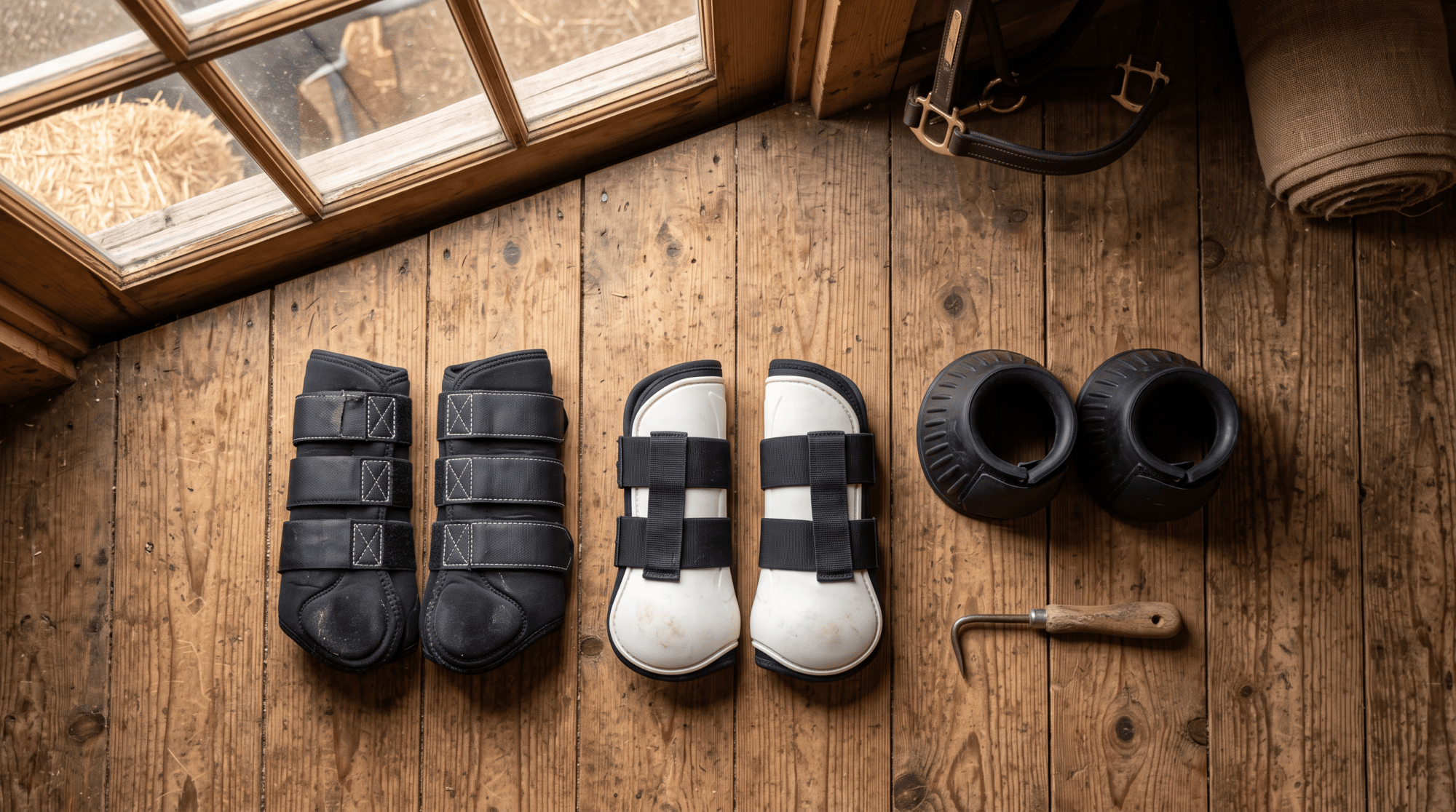 Overhead flat lay of English horse boots on a wooden tack room floor: black leg boots, white protective boots, black bell boots, and a hoof pick