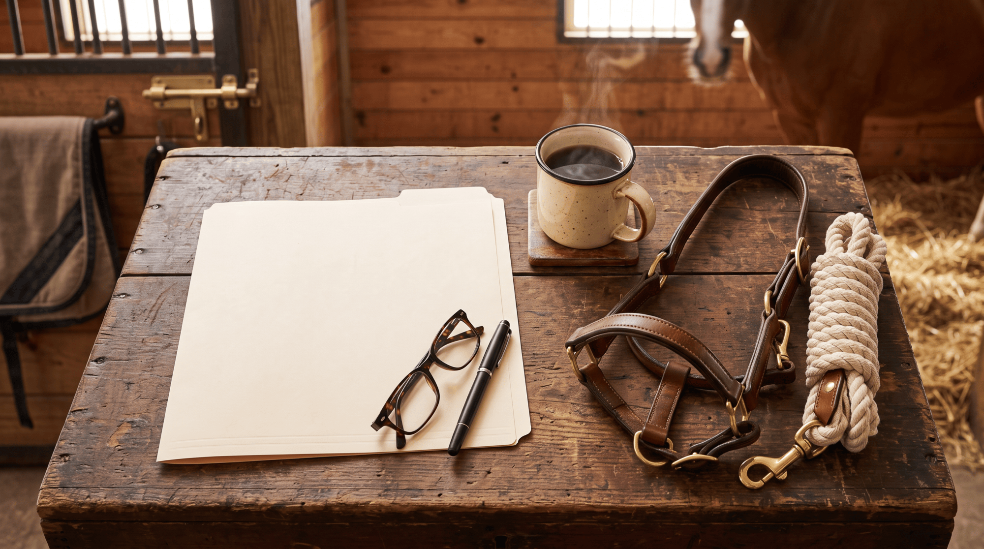 Flat lay on a wooden tack trunk with a blank folder, reading glasses, pen, coffee mug, leather halter, and lead rope for reviewing horse insurance