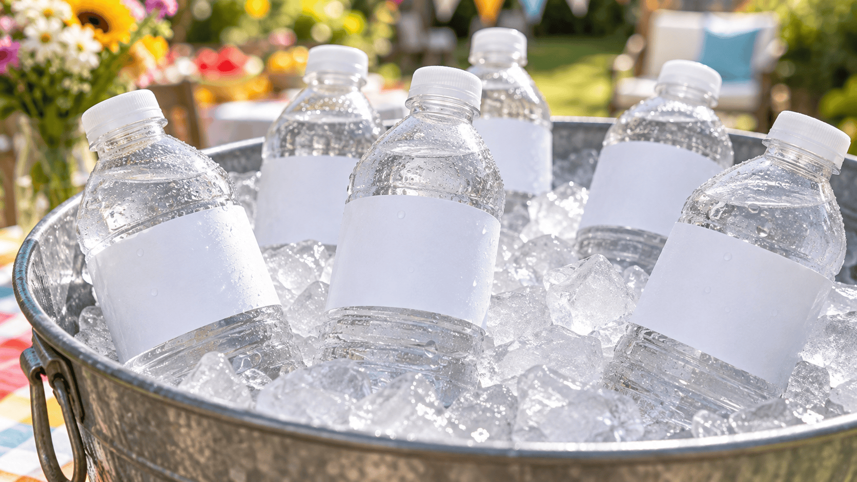 Close-up of party water bottles with plain white labels in a galvanized tub of ice