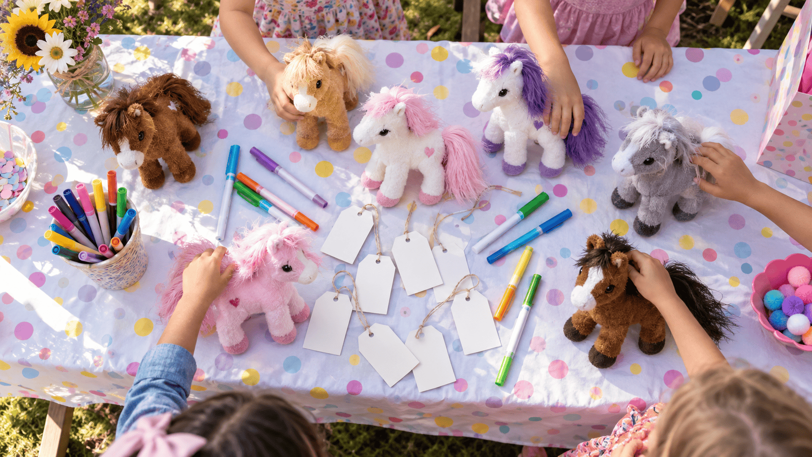 Table of small stuffed ponies with blank name tags and markers set up as an adopt-a-pony party station
