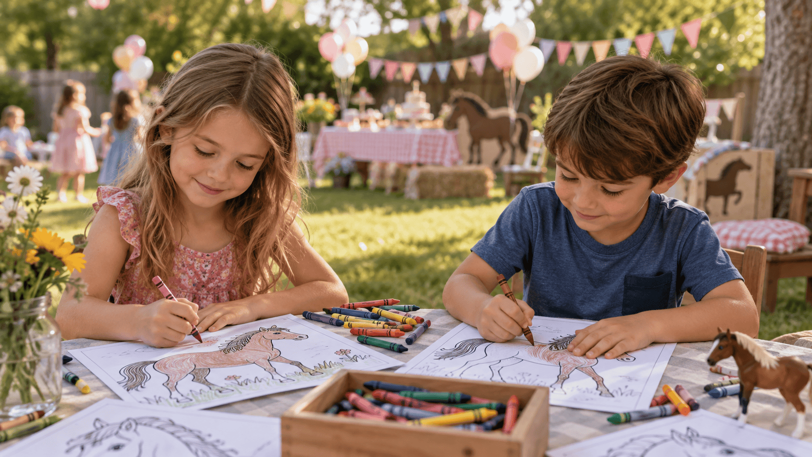 Children coloring horse pages with crayons at a quiet table during a birthday party