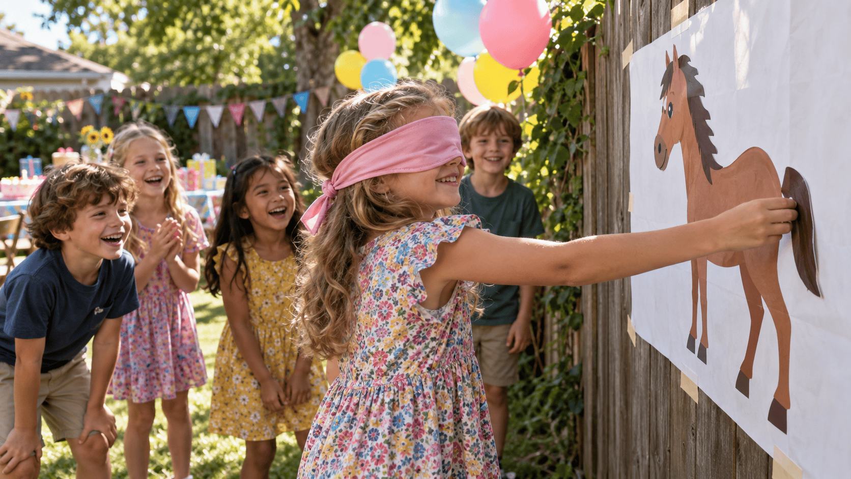 Blindfolded child playing pin the tail on the horse at a horse-themed birthday party