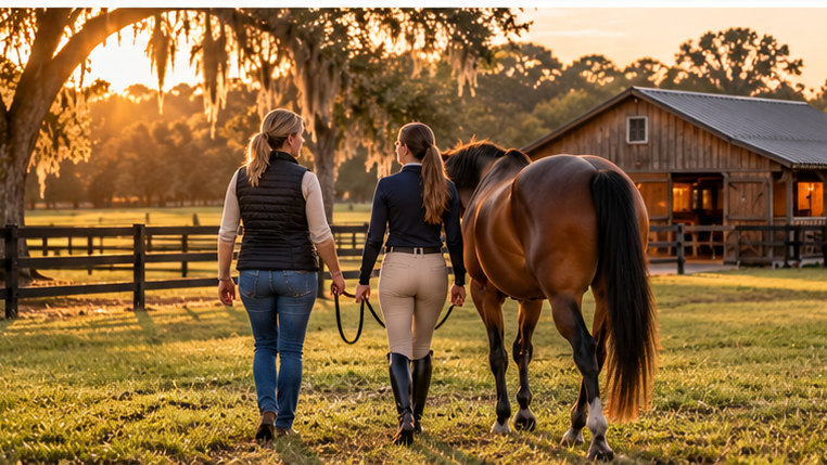Mother and teenage daughter leading a bay horse across a grassy paddock toward a small wooden barn at sunset in Florida