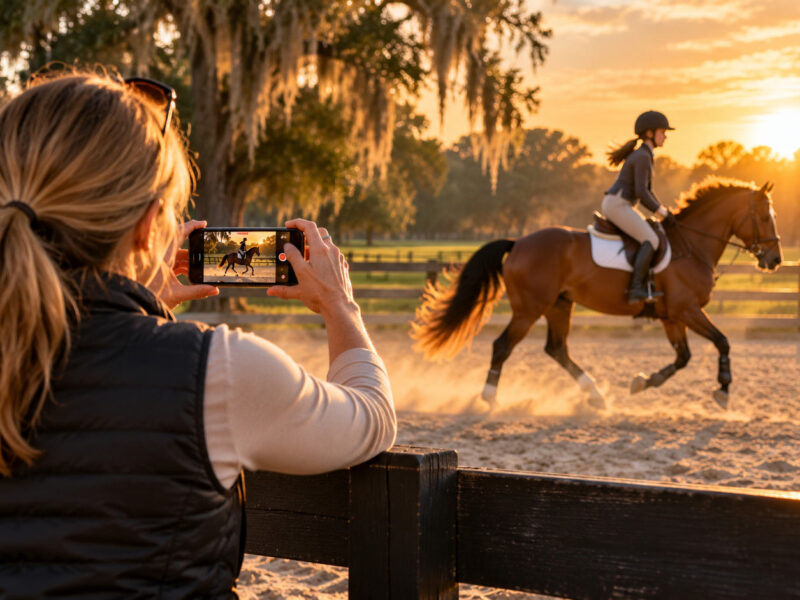 Barn mom at the arena rail filming her daughter riding a horse with her phone held sideways