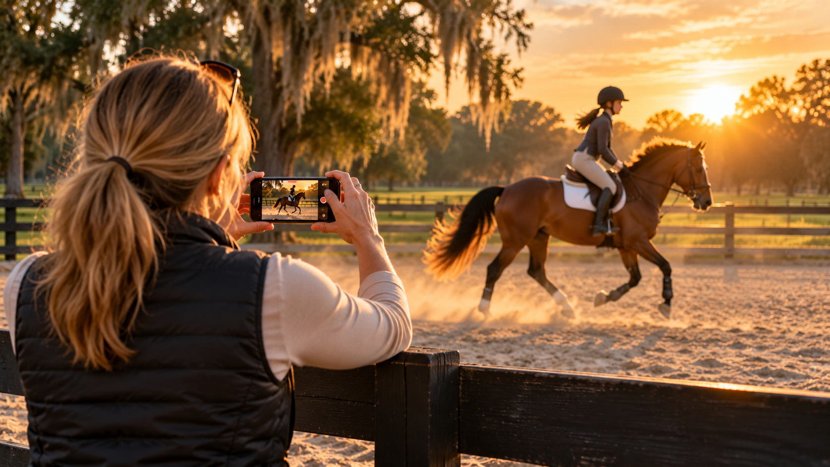 Barn mom at the arena rail filming her daughter riding a horse with her phone held sideways