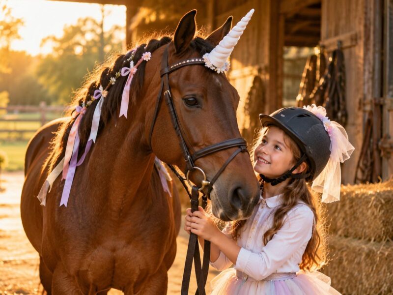 Calm bay horse wearing a soft felt unicorn horn and ribbons in its mane, with a young rider in a helmet beside it for a horse and rider Halloween costume