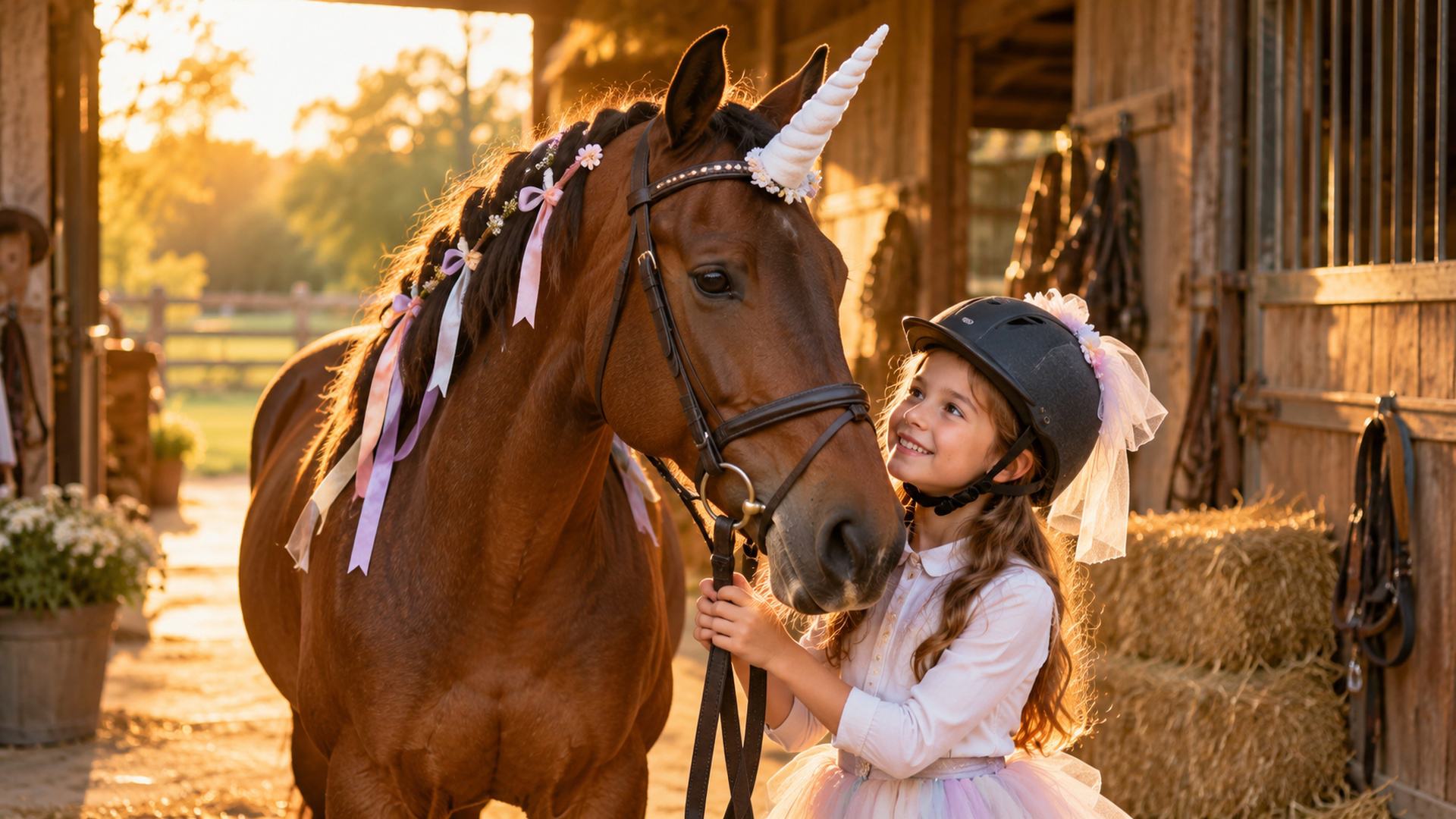 Calm bay horse wearing a soft felt unicorn horn and ribbons in its mane, with a young rider in a helmet beside it for a horse and rider Halloween costume