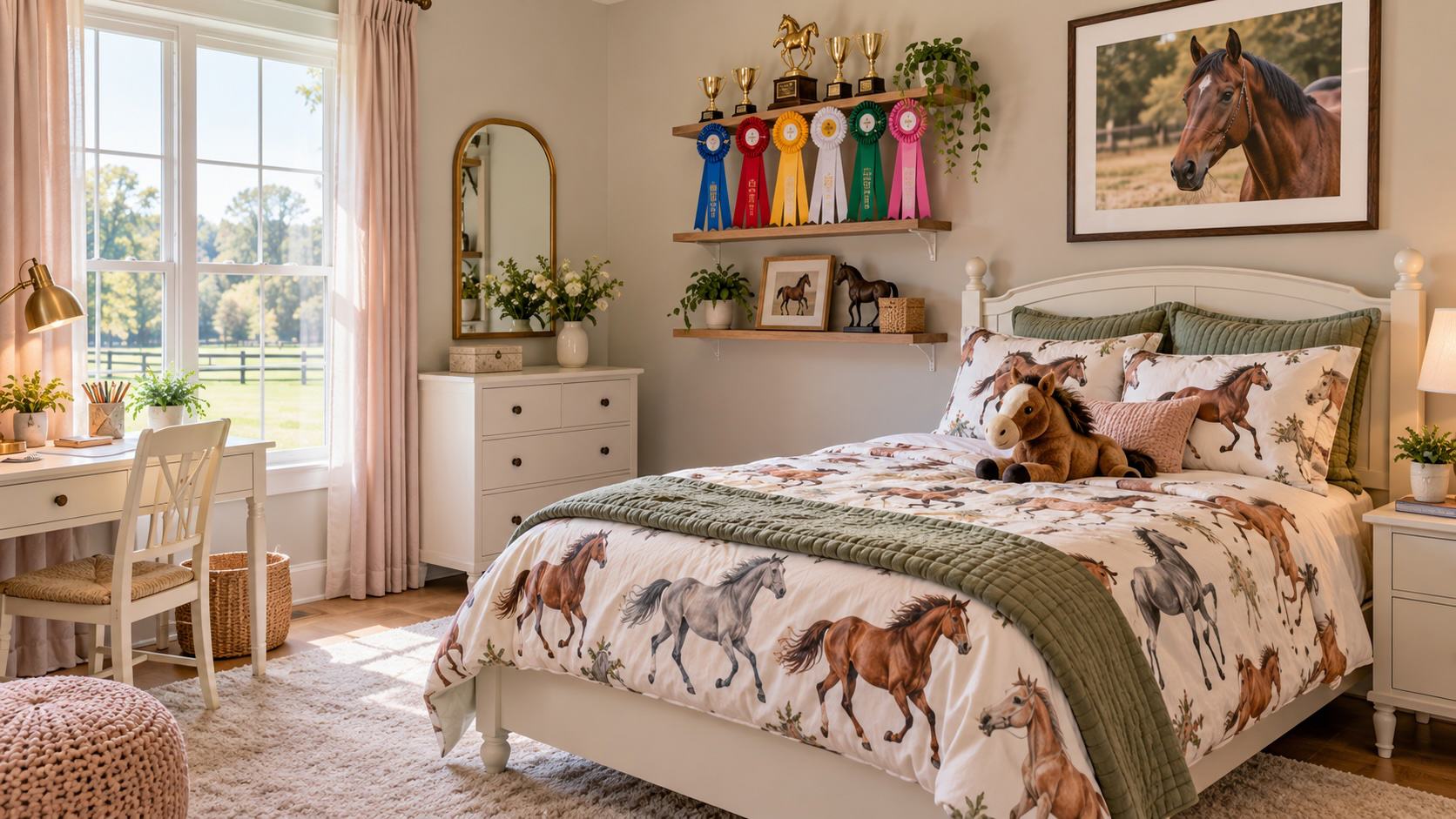 Horse-crazy girl's bedroom with horse print bedding, a horse portrait on the wall and model horses on a shelf
