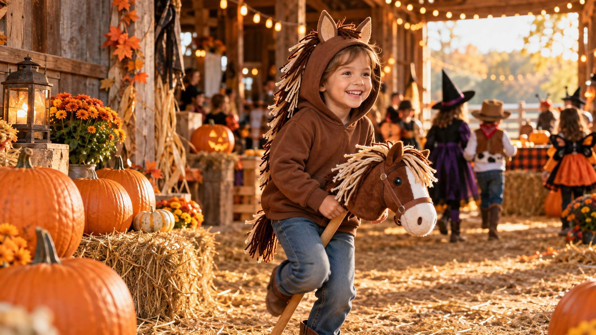 Child in a brown hoodie with a yarn mane and felt ears riding a stick horse at a barn Halloween party