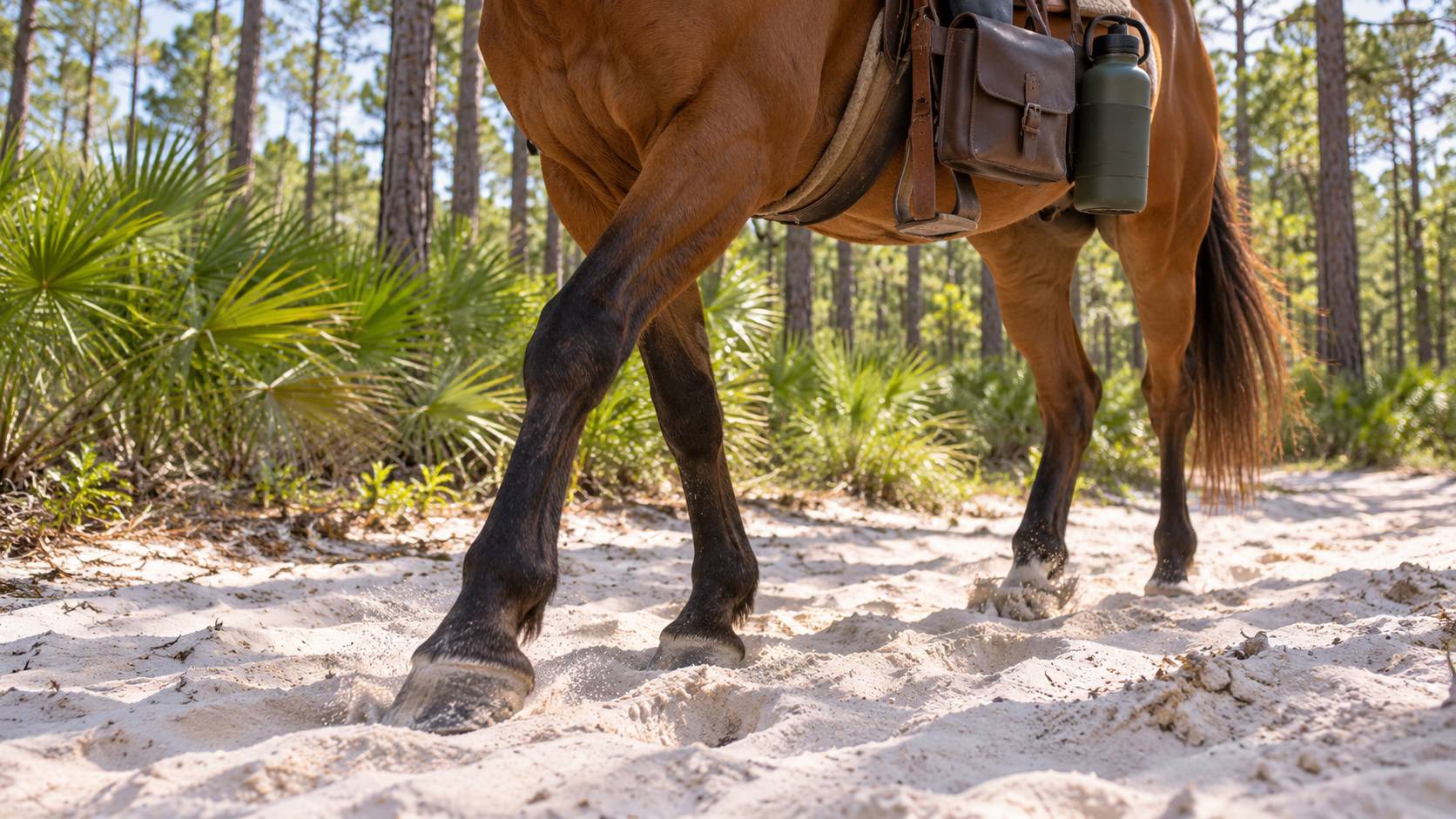 Close-up of a horse's hooves walking through deep sugar sand on a Florida forest trail with a saddlebag and water bottle