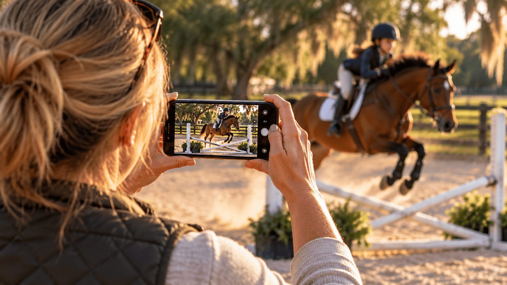Mom filming her daughter jumping a bay horse over a white fence on her phone, seen over her shoulder