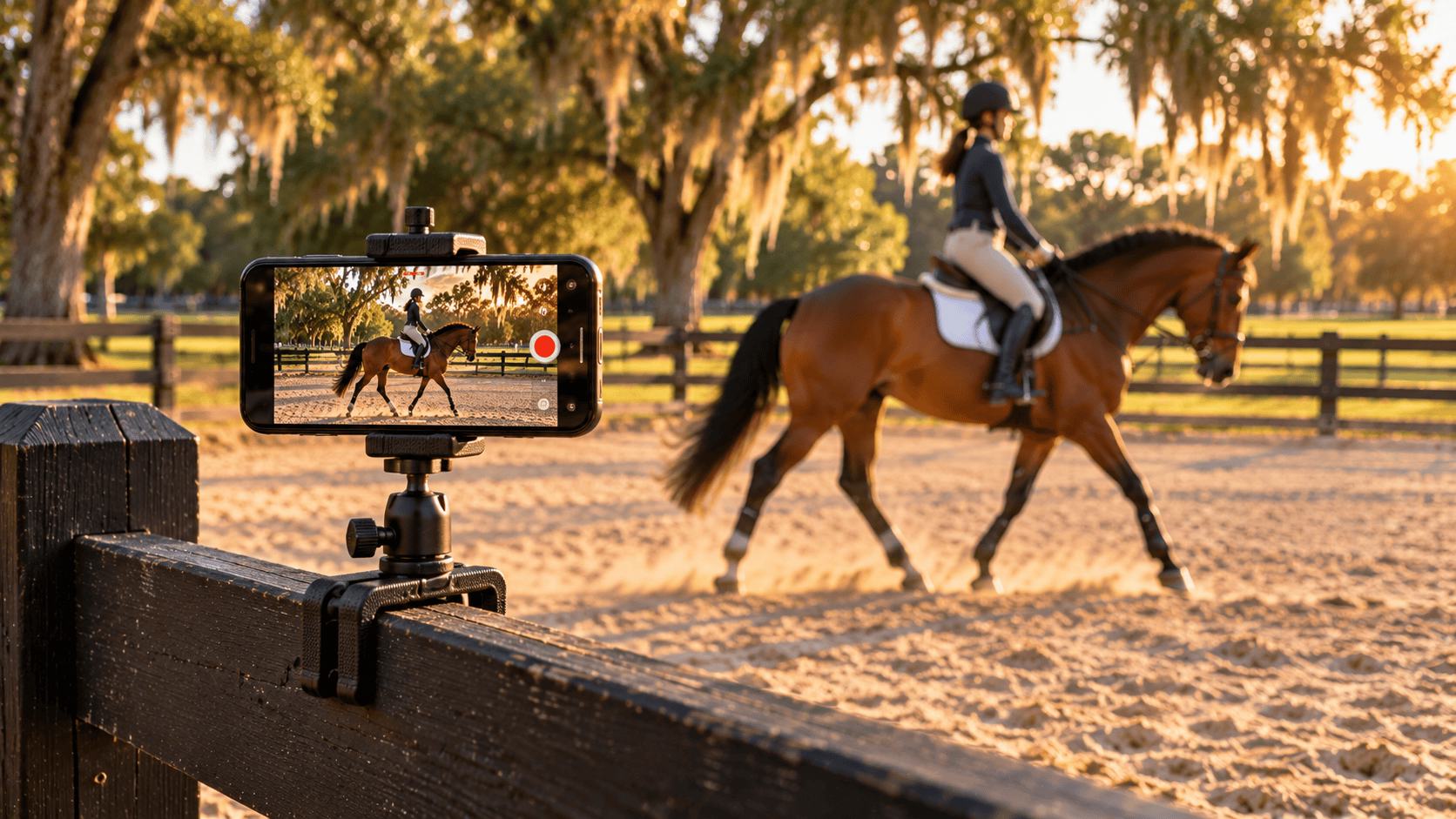 Phone on a small tripod clamped to a wooden arena fence, recording a rider on a chestnut horse doing flatwork