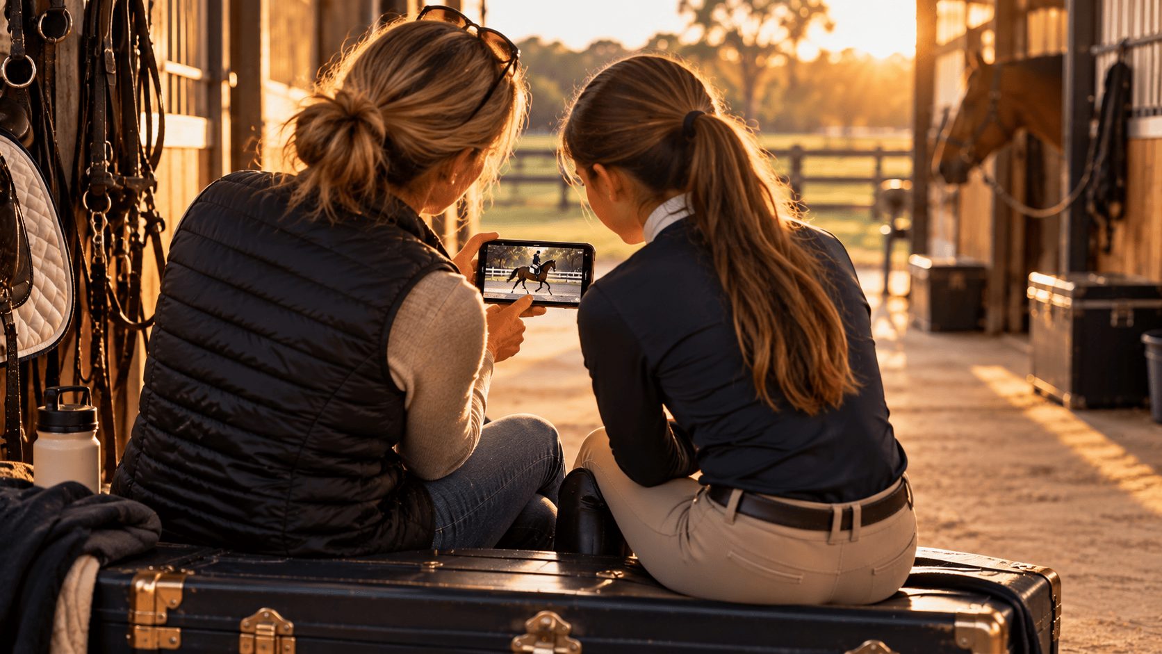 Mom and daughter sitting on a tack trunk in the barn aisle watching a riding video together on a phone