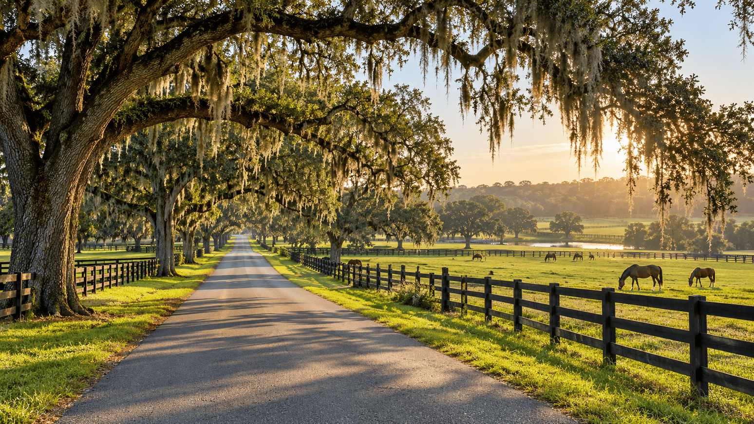 Quiet rural road in Marion County, Florida lined with pasture fencing and oak trees