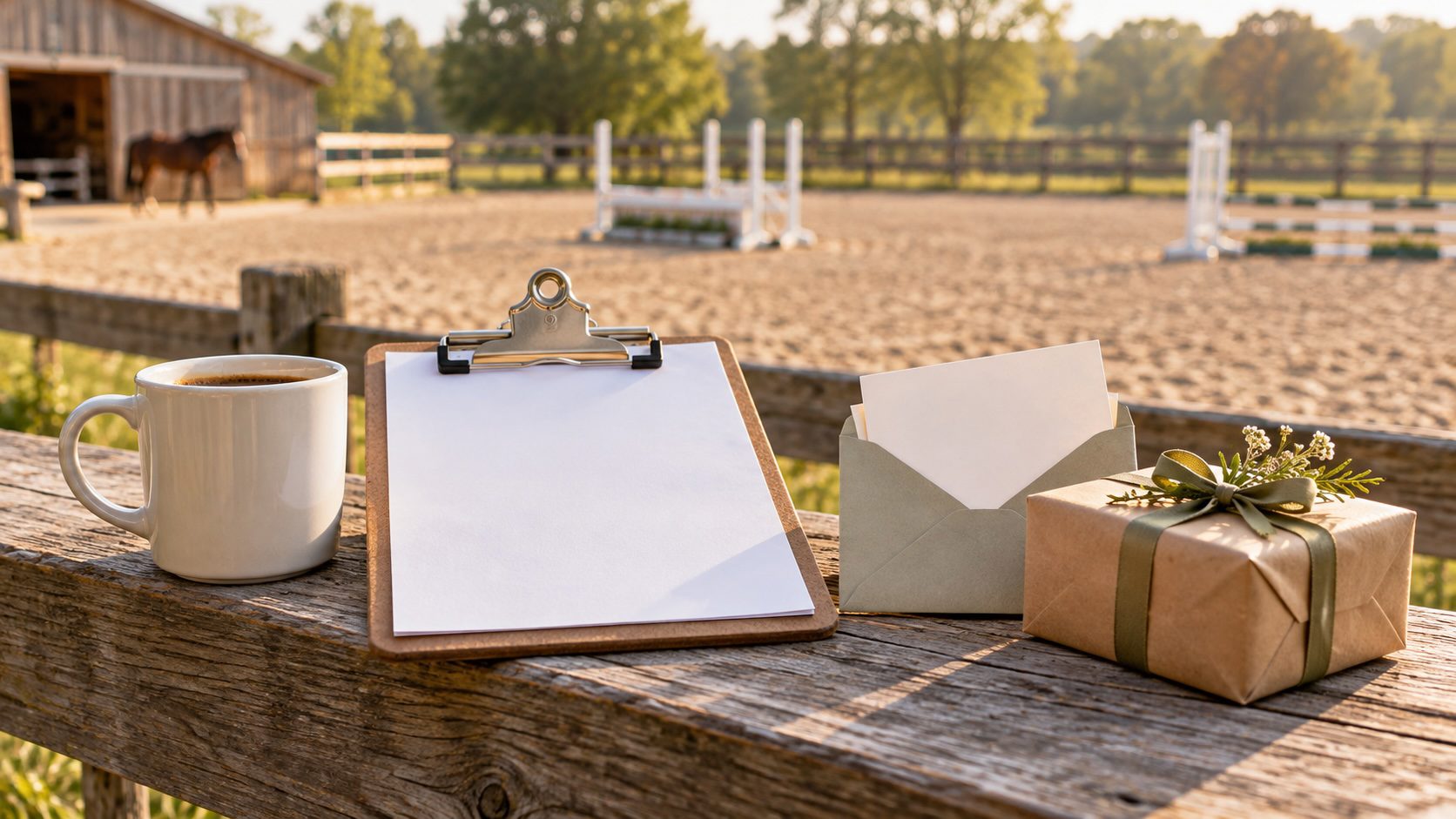 Gift for a riding trainer with a coffee mug, clipboard and thank-you card on a fence rail by an arena