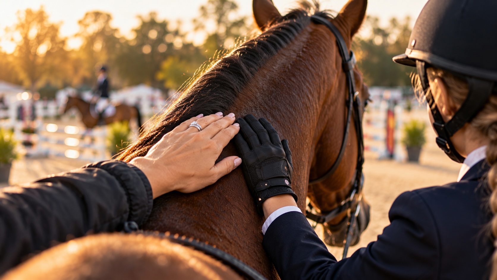 Mom's hand and a young rider's gloved hand resting together on a chestnut horse's neck at a horse show