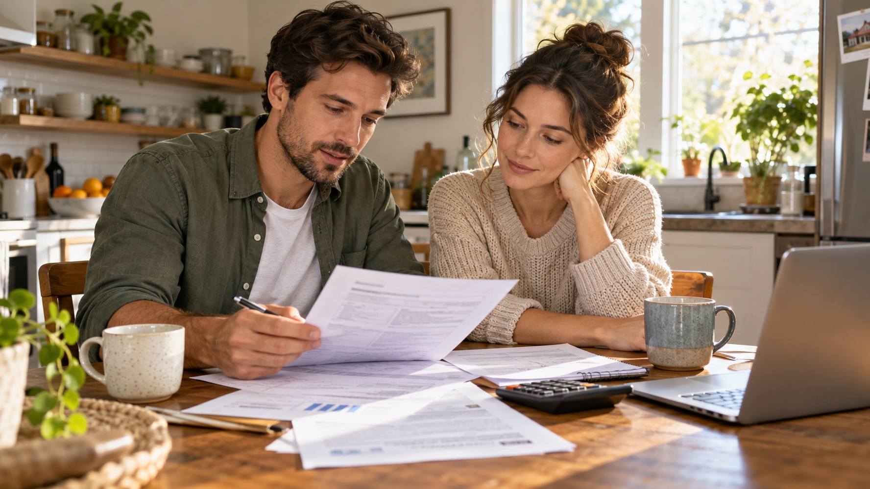 Couple reviewing mortgage paperwork together at a kitchen table to see if they qualify for a USDA loan