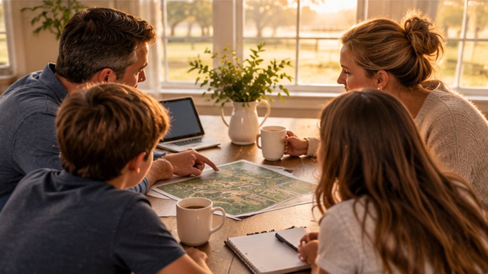 Family at a kitchen table looking at a map and laptop while comparing Ocala and Gainesville