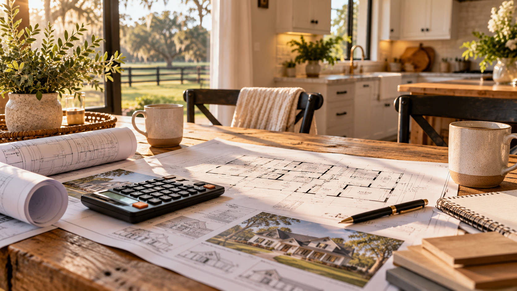 House plans, calculator and coffee mug on a farmhouse kitchen table while planning a construction loan budget