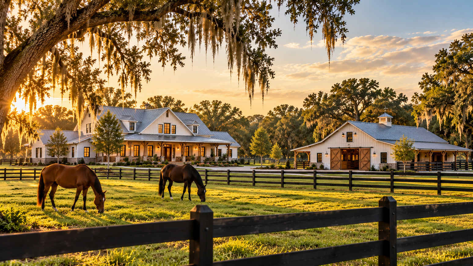 Finished farmhouse with matching horse barn, board fencing and two horses grazing in the pasture