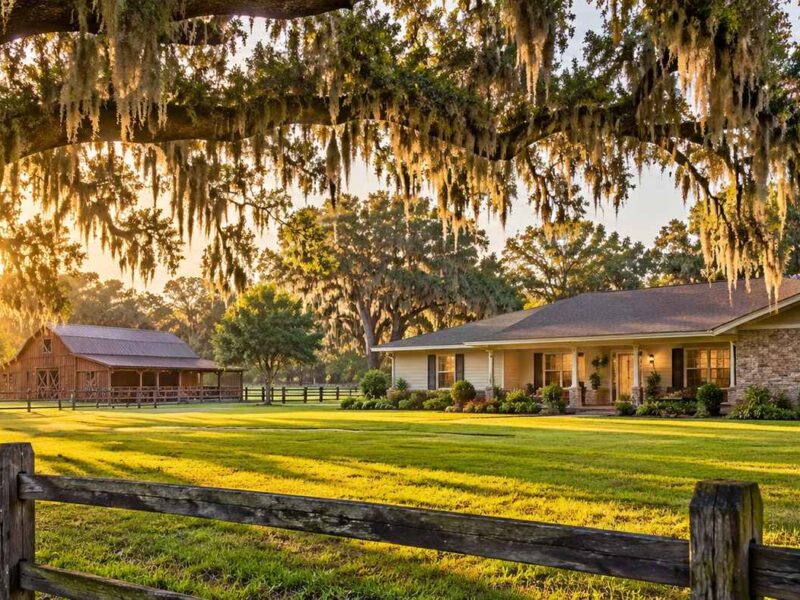 Florida ranch-style home on green acreage with a small wooden barn and fencing under live oaks, a typical USDA-eligible Marion County property