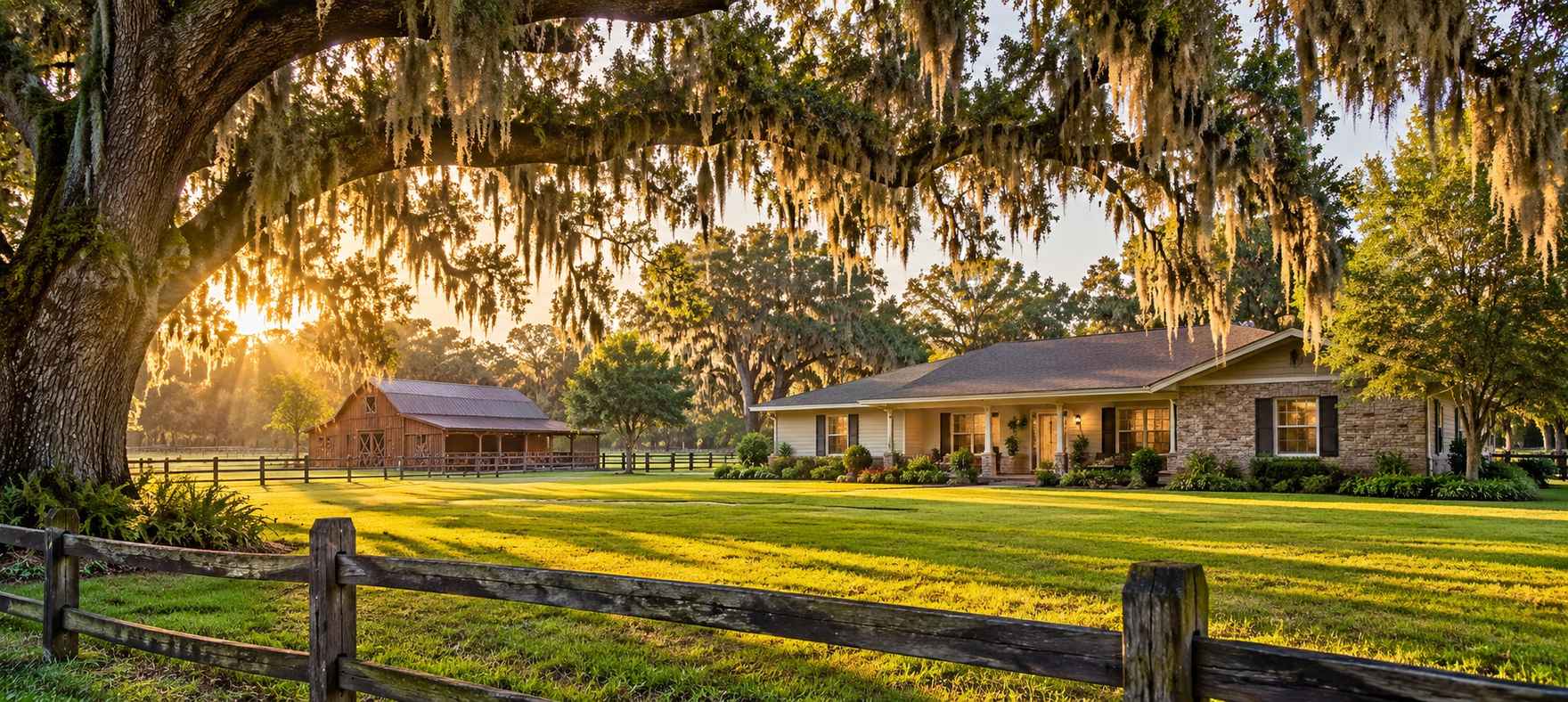 Florida ranch-style home on green acreage with a small wooden barn and fencing under live oaks, a typical USDA-eligible Marion County property