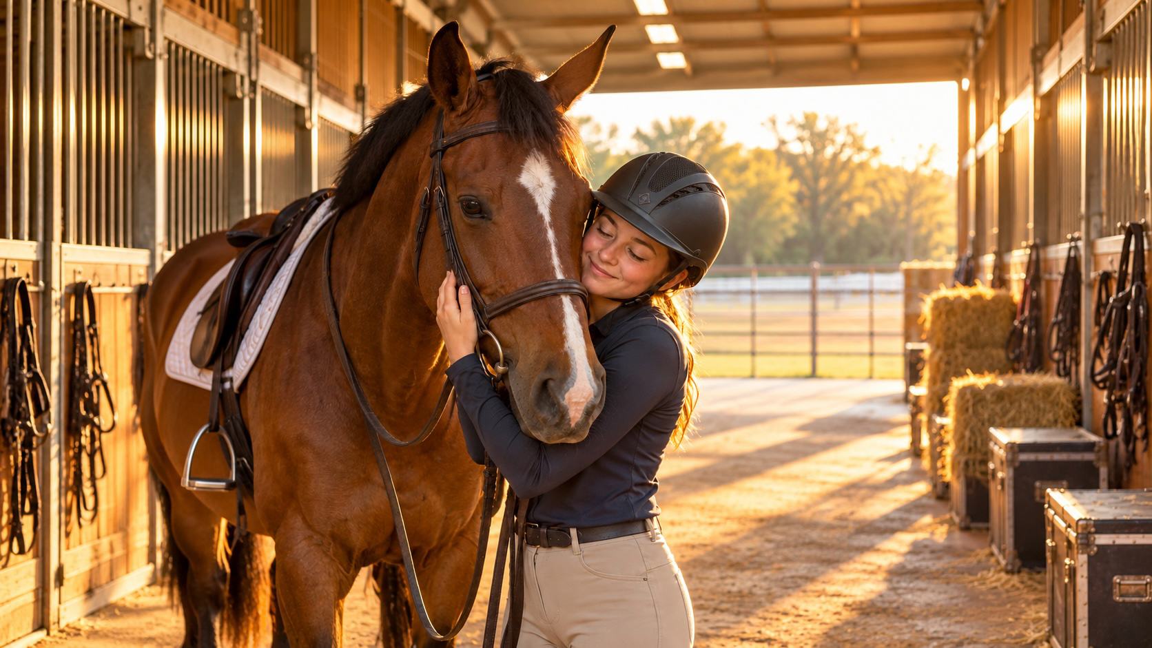 Smiling young rider in a helmet hugging her bay horse in the barn aisle after her class
