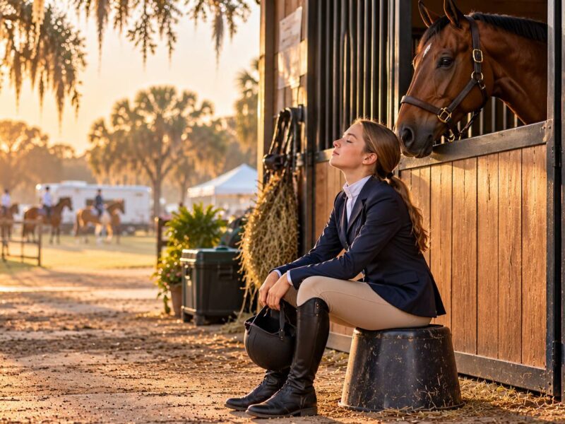 Young rider in a navy show coat sitting on an overturned bucket outside her horse's stall, calming show nerves before a horse show