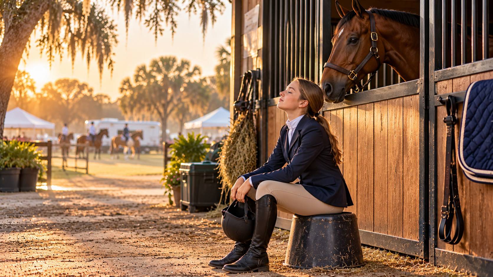 Young rider in a navy show coat sitting on an overturned bucket outside her horse's stall, calming show nerves before a horse show