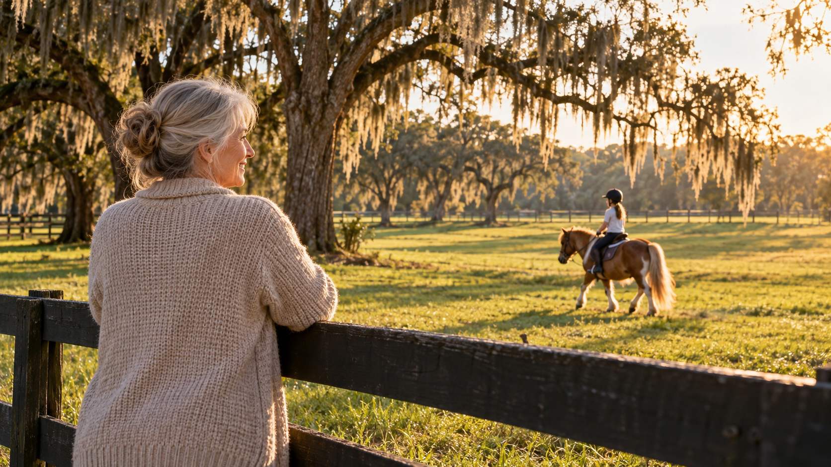 Grandmother at a pasture fence under Spanish moss oaks watching her grandchild ride a pony
