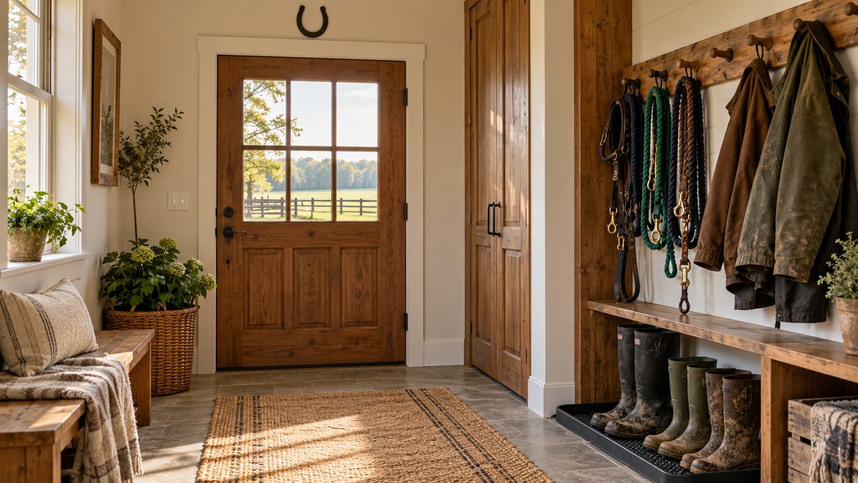 Farmhouse mudroom with a horseshoe over the door, barn jackets and lead ropes on hooks, and riding boots on a bench