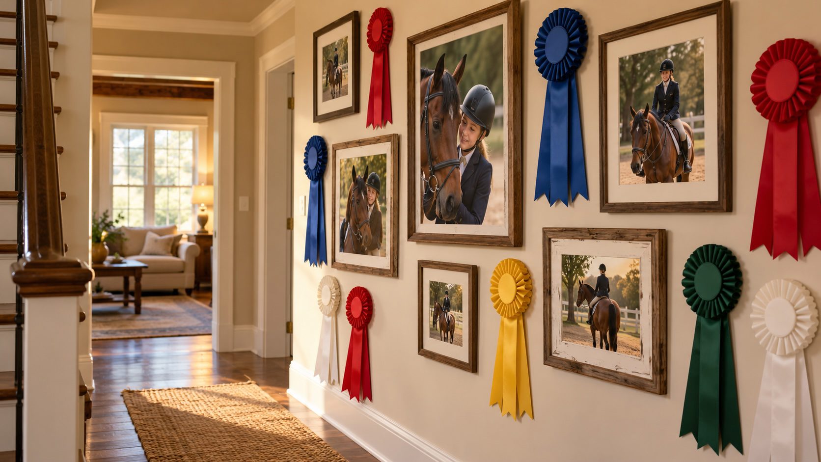 Hallway wall with horse show ribbons and framed photos of a young rider and her horse