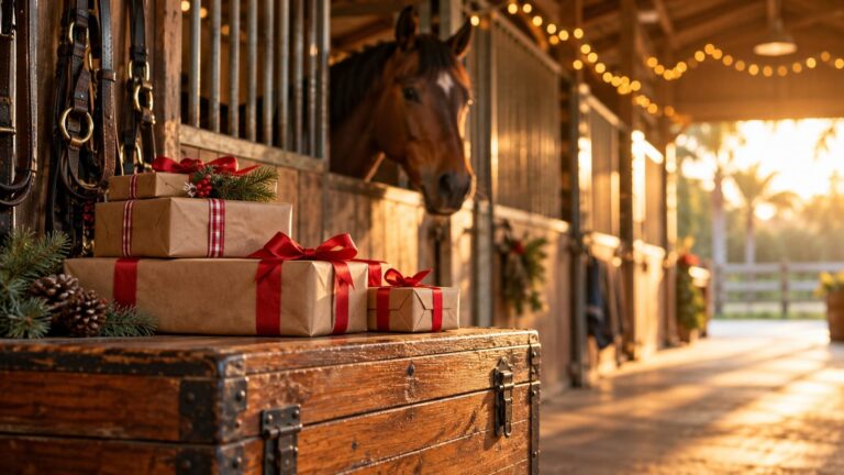 Holiday gifts wrapped in kraft paper and red ribbon on a tack trunk in a barn aisle with a bay horse looking over the stall door