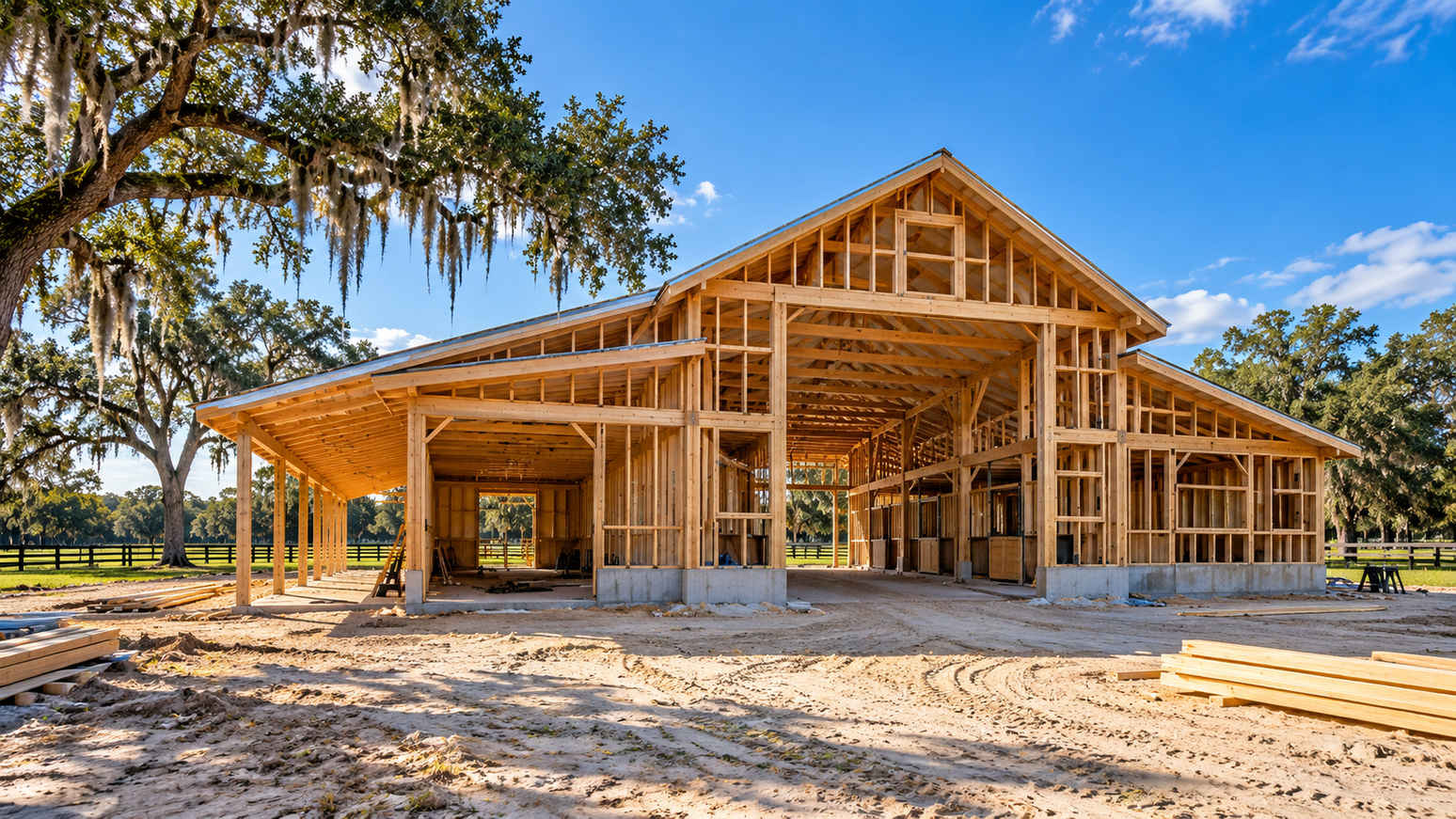 Half-built center-aisle horse barn with timber framing on sandy Florida soil