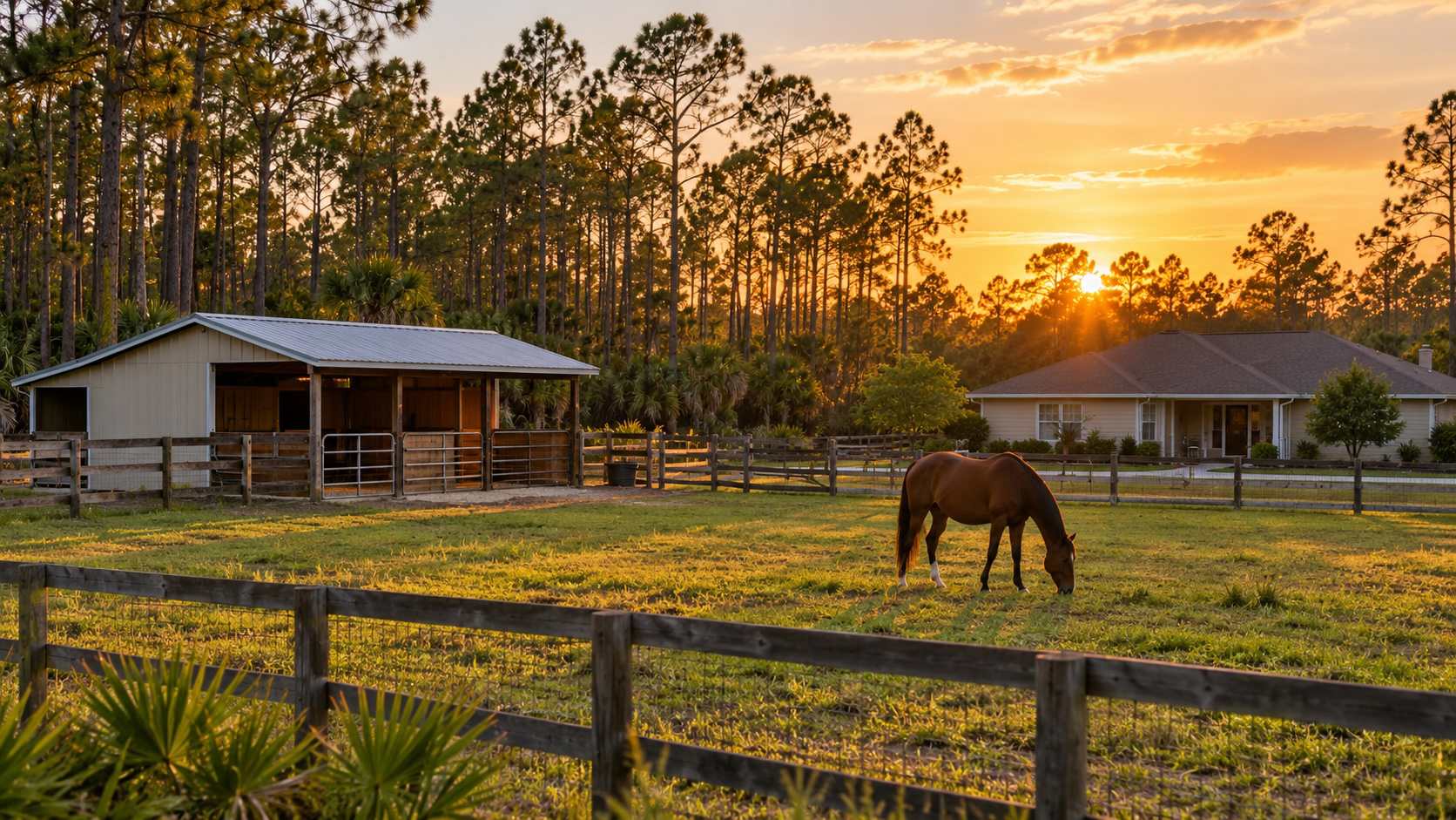 Small Central Florida horse property at the edge of a pine forest with a barn, fenced pasture and a horse grazing at sunset
