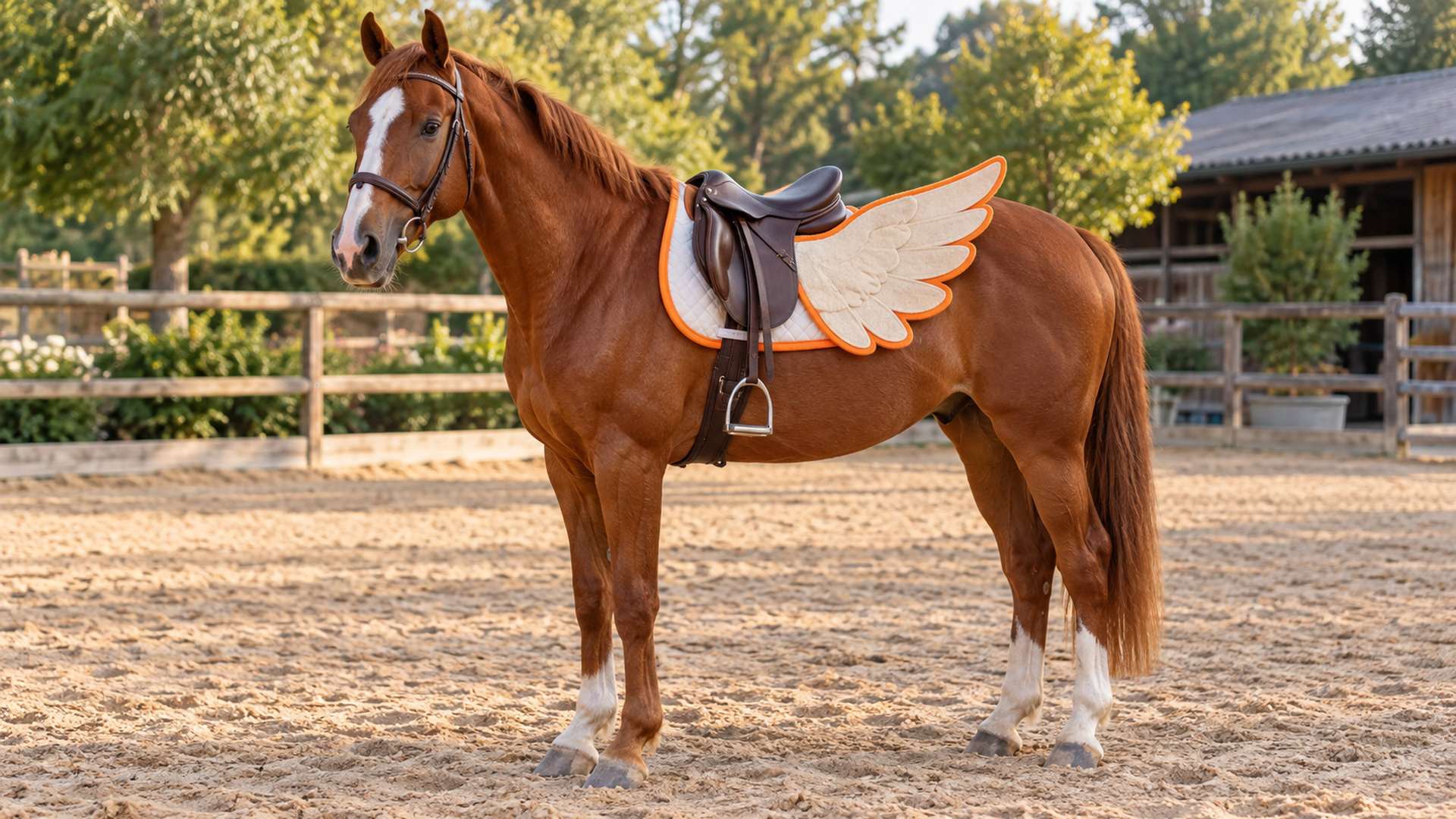 Chestnut horse with soft felt Pegasus wings attached flat to its saddle pad, a DIY horse Halloween costume